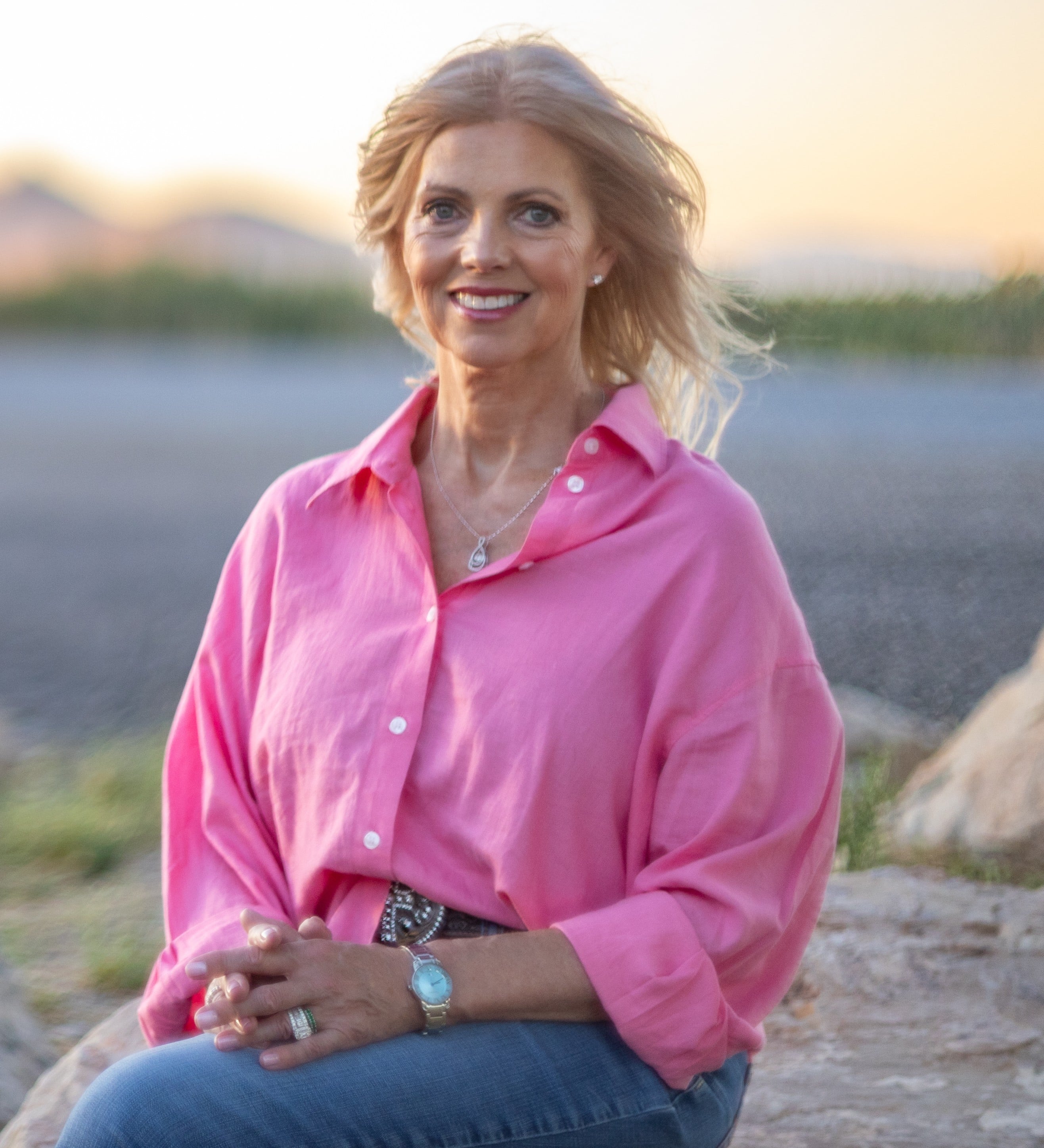 Elizabeth Garrison outside wind blowing Great Salt Lake