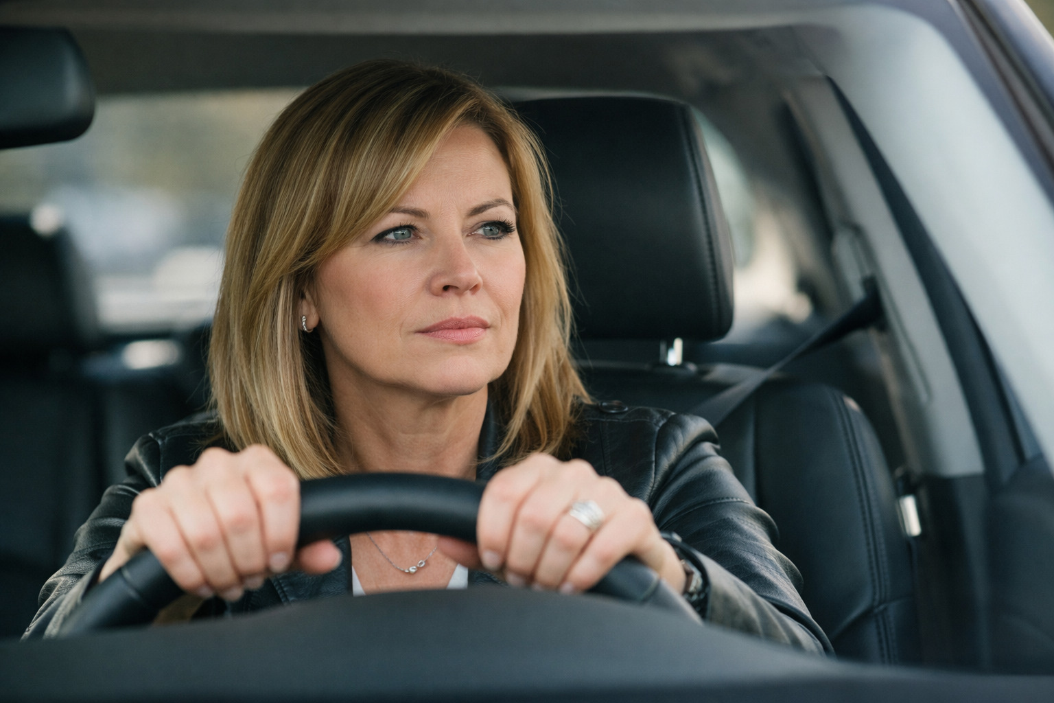 stressed woman gripping steering wheel gazing contemplating