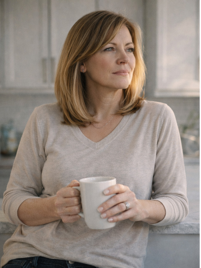 busy woman standing in kitchen contemplating her busy day