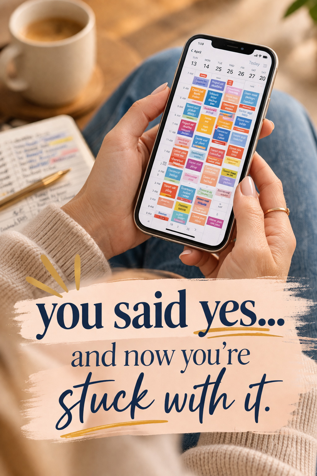 woman on couch holding cellphone with packed calendar