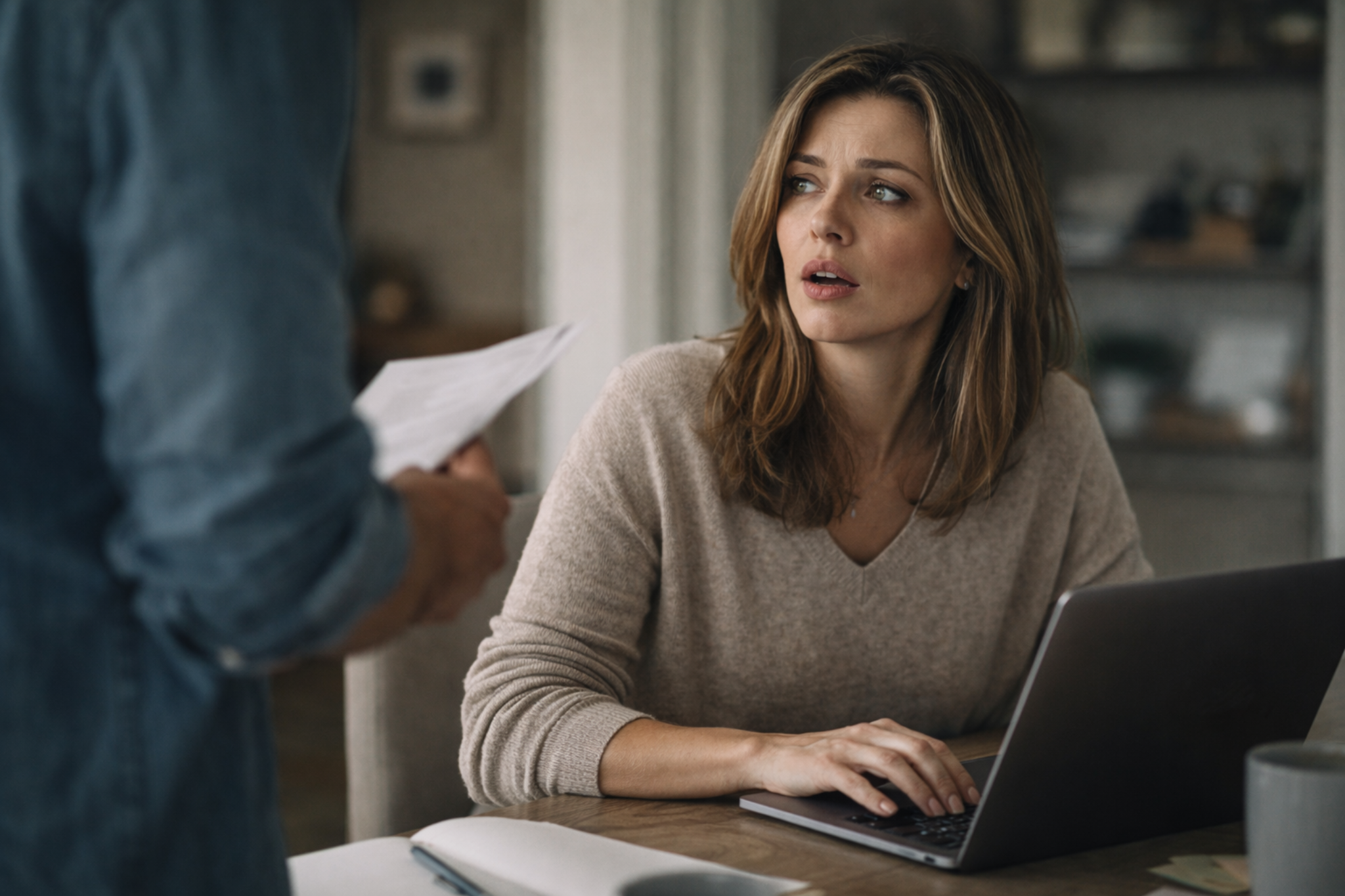 woman interrupted at desk mid project