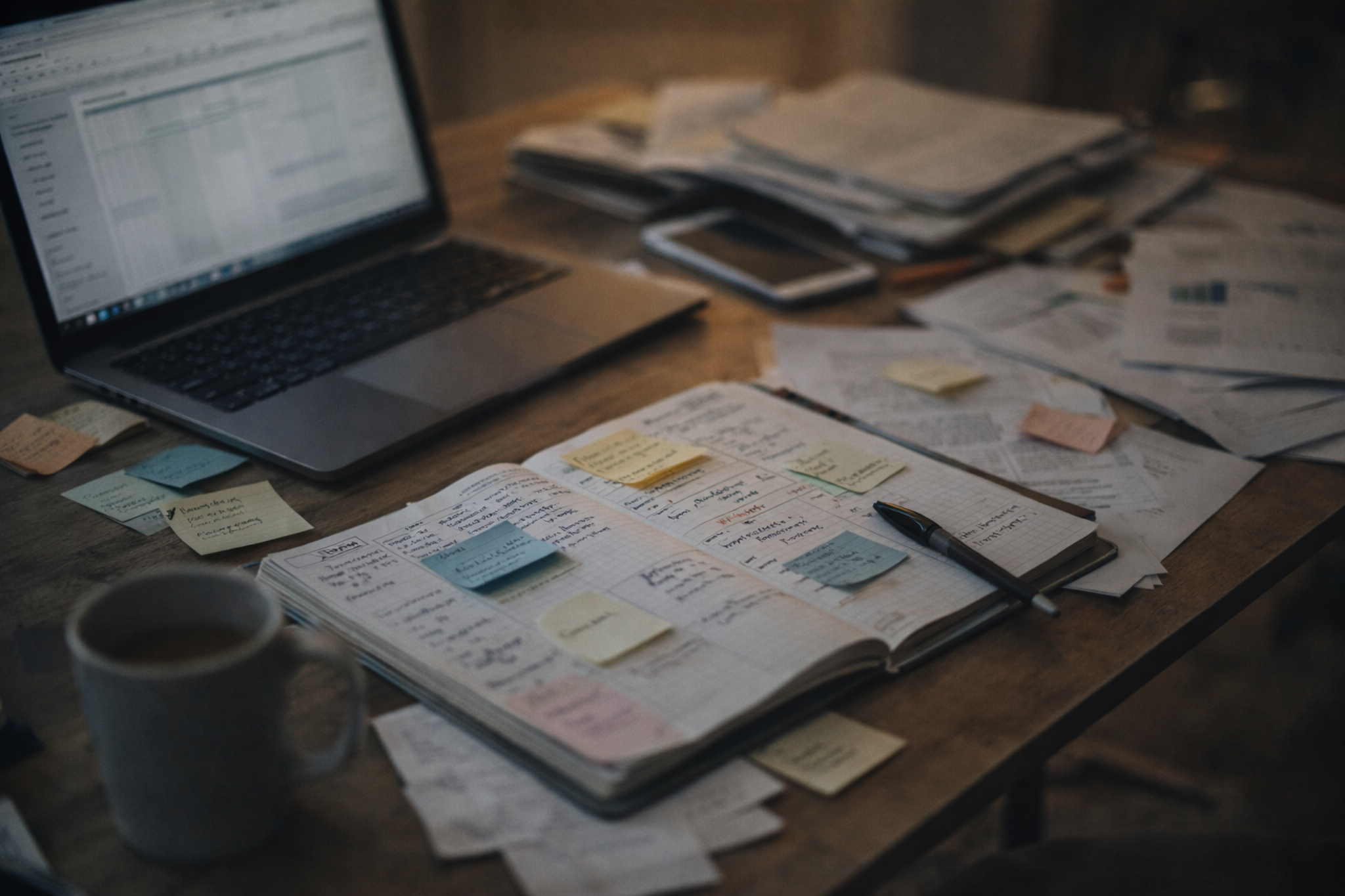 overbooked calendar with sticky note reminders everywhere