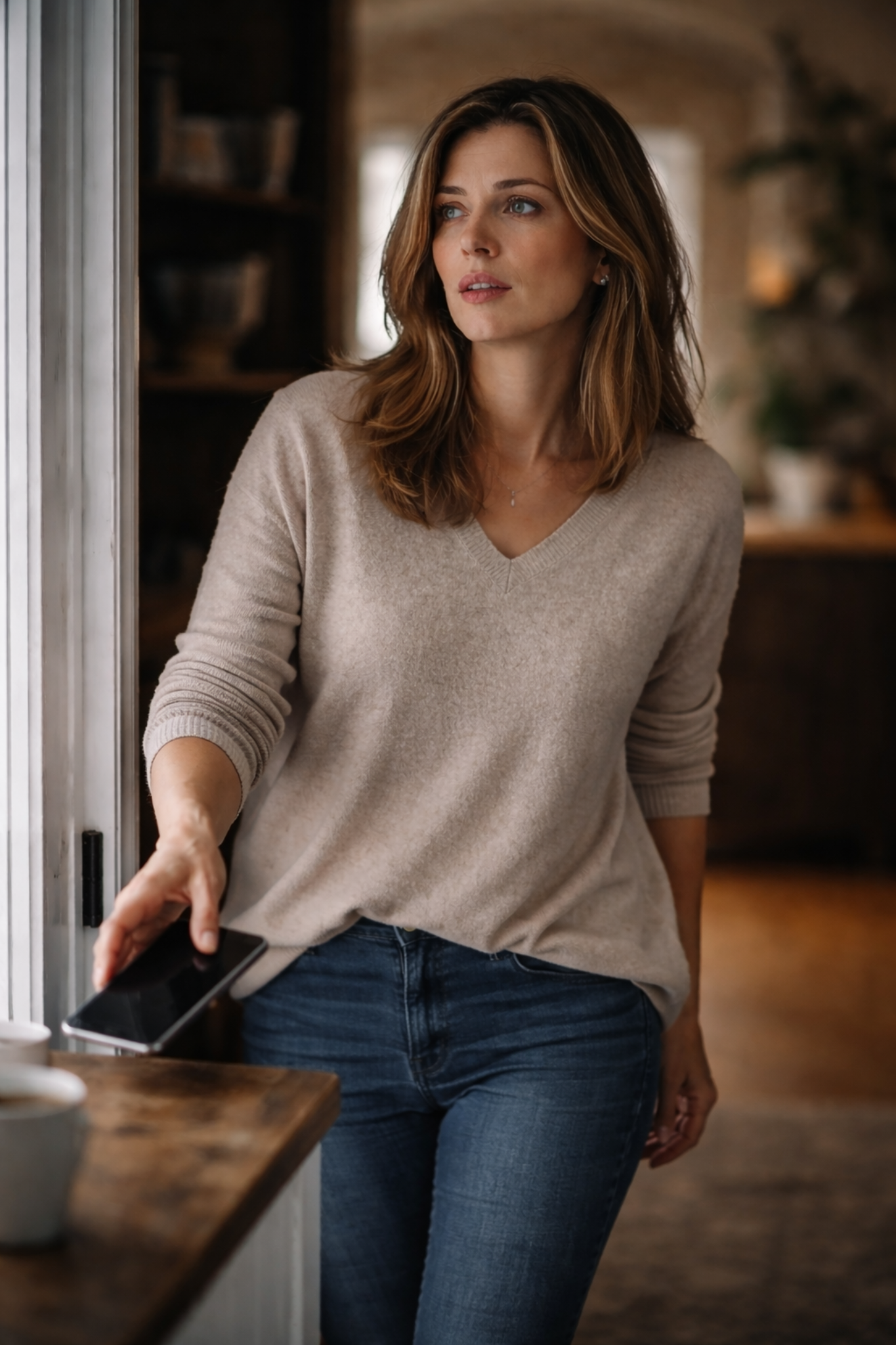 woman placing phone on table looking pensive, wait what did i just do