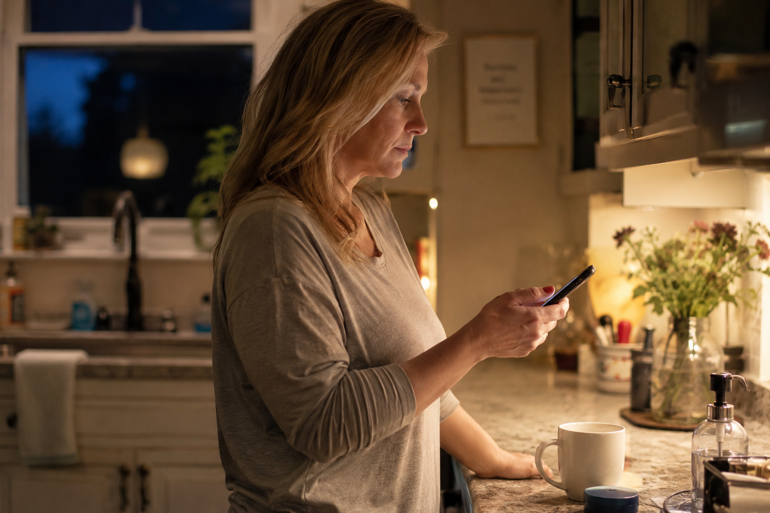 middle-aged woman replying to text while distracted and feeling irritated