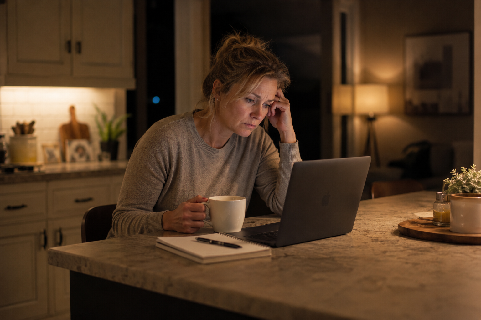 woman at kitchen counter late night staring at laptop calendar emotionally drained and frustrated