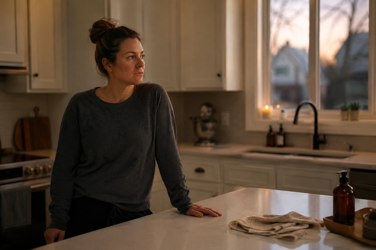Woman standing quietly in a clean kitchen after finishing evening responsibilities and reflecting on lingering mental tabs.