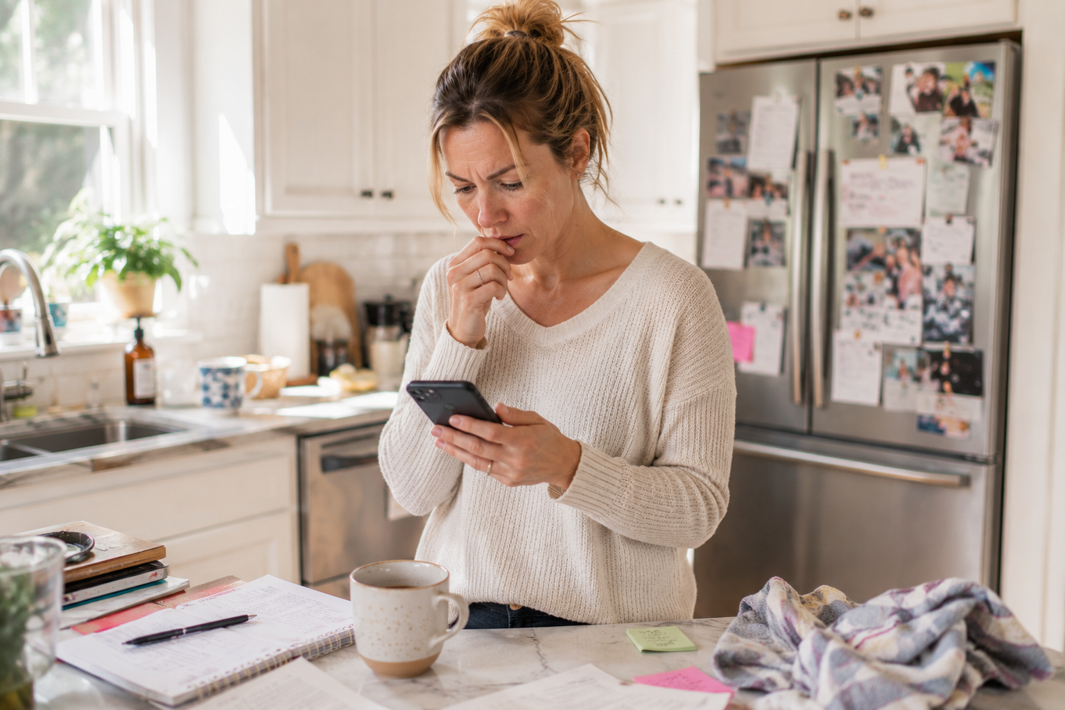 Woman in a kitchen reviewing messages and reminders while managing multiple responsibilities and mental load.