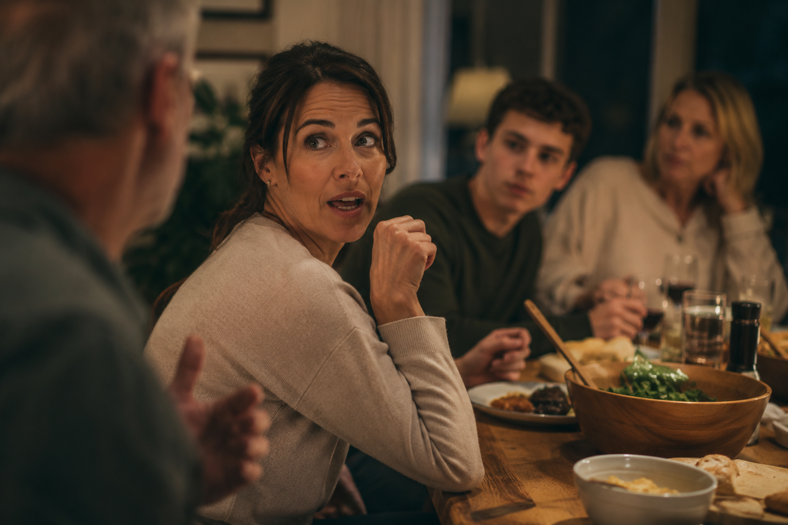 woman interrupted by conversation agreeing to something while preoccupied by another conversation woman interrupted by conversation agreeing to something while preoccupied by another conversation