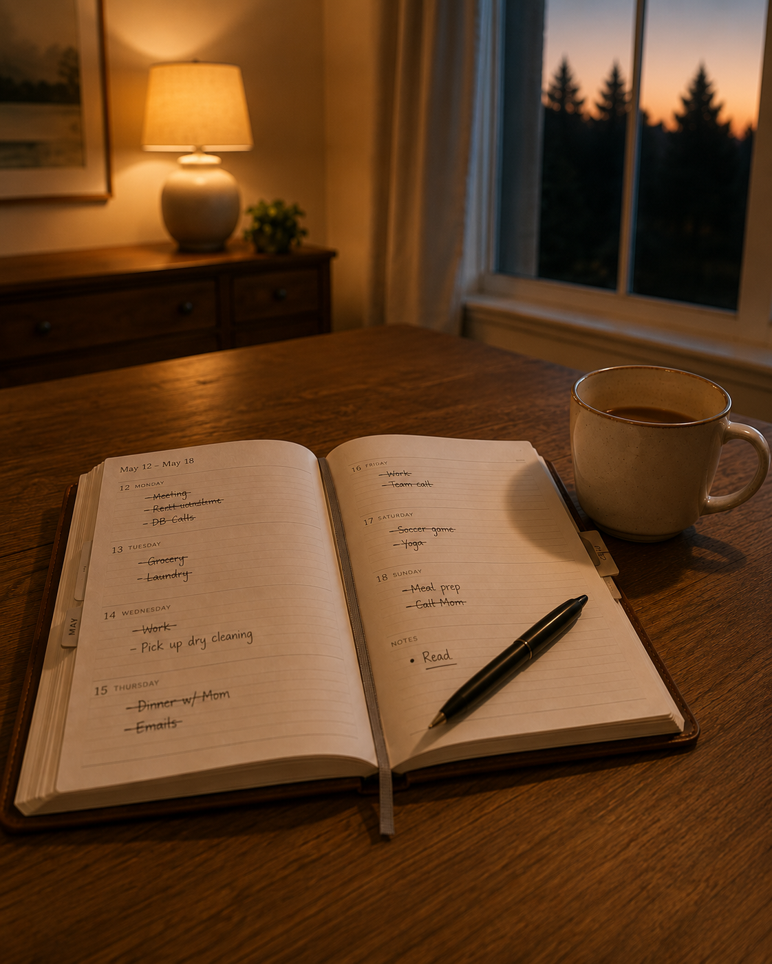 An open weekly planner rests on a wooden table with several completed tasks crossed off, while one personal reminder remains unfinished beside a black pen and a nearly empty coffee mug. An open weekly planner rests on a wooden table with several completed tasks crossed off, while one personal reminder remains unfinished beside a black pen and a nearly empty coffee mug.