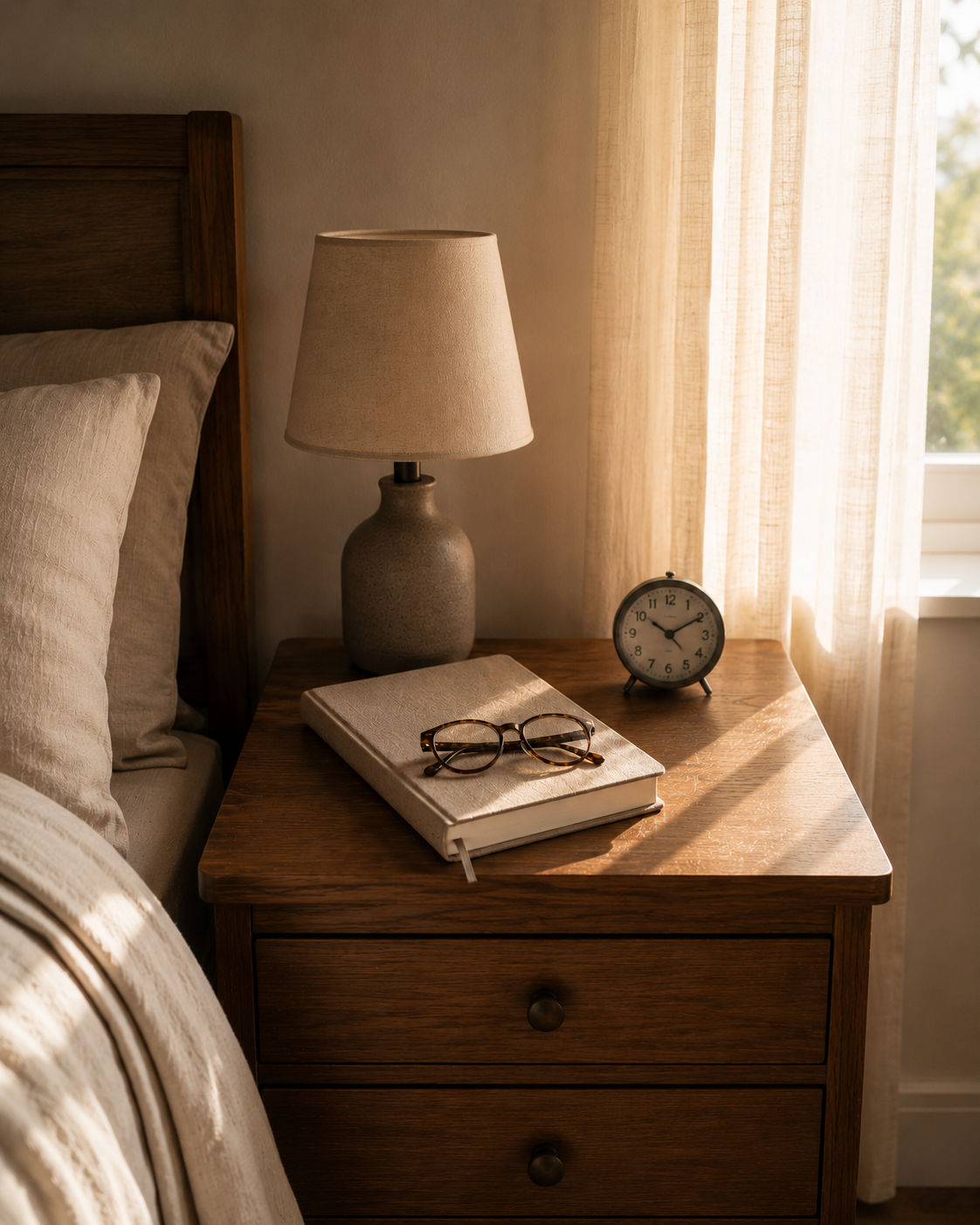 A closed hardcover book with a bookmark rests beside a pair of reading glasses in soft evening light, quietly waiting to be opened. A closed hardcover book with a bookmark rests beside a pair of reading glasses in soft evening light, quietly waiting to be opened.