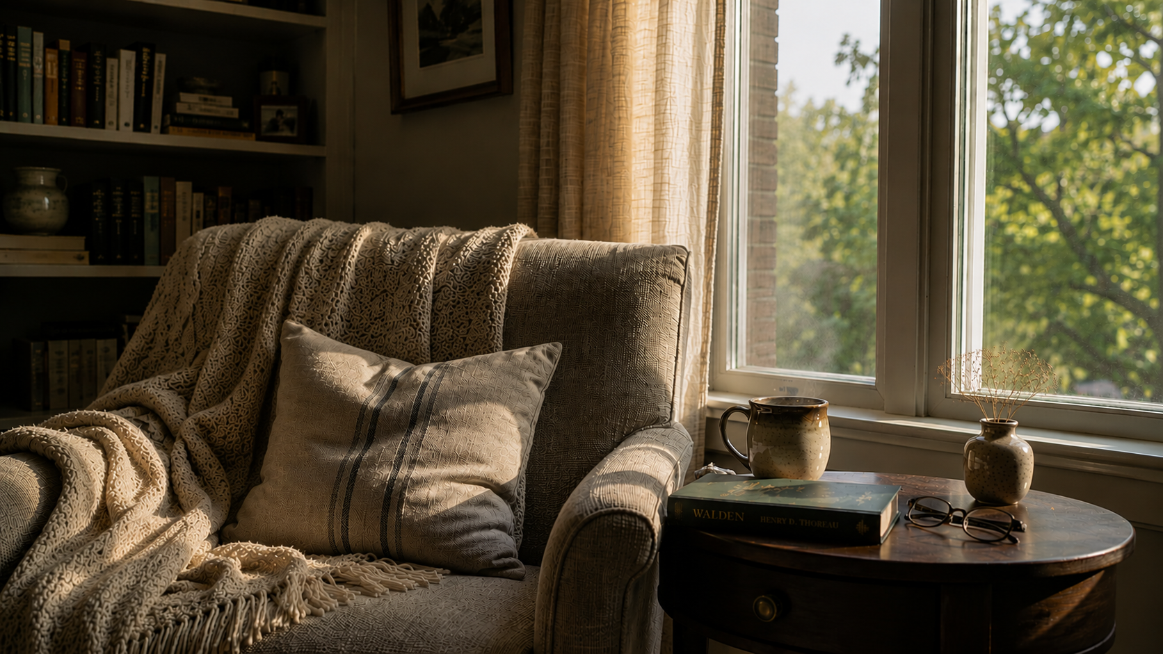 A quiet reading chair beside a book and warm coffee at the beginning of a Saturday morning. A quiet reading chair beside a book and warm coffee at the beginning of a Saturday morning.