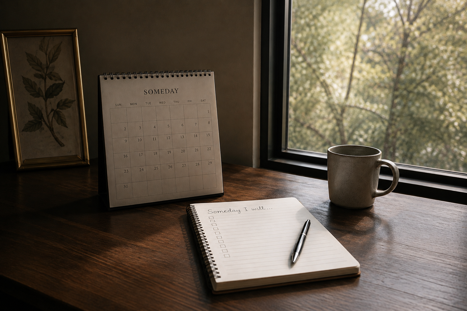 An unfinished calendar beside a quiet window, symbolizing how waiting for someday can become a pattern of postponing life. An unfinished calendar beside a quiet window, symbolizing how waiting for someday can become a pattern of postponing life.