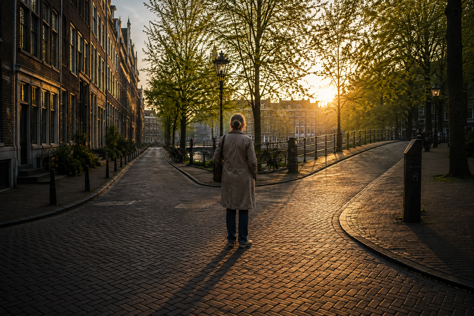 A woman standing where two Amsterdam streets diverge beside a canal, reflecting on the choices that can change the direction of a life. A woman standing where two Amsterdam streets diverge beside a canal, reflecting on the choices that can change the direction of a life.