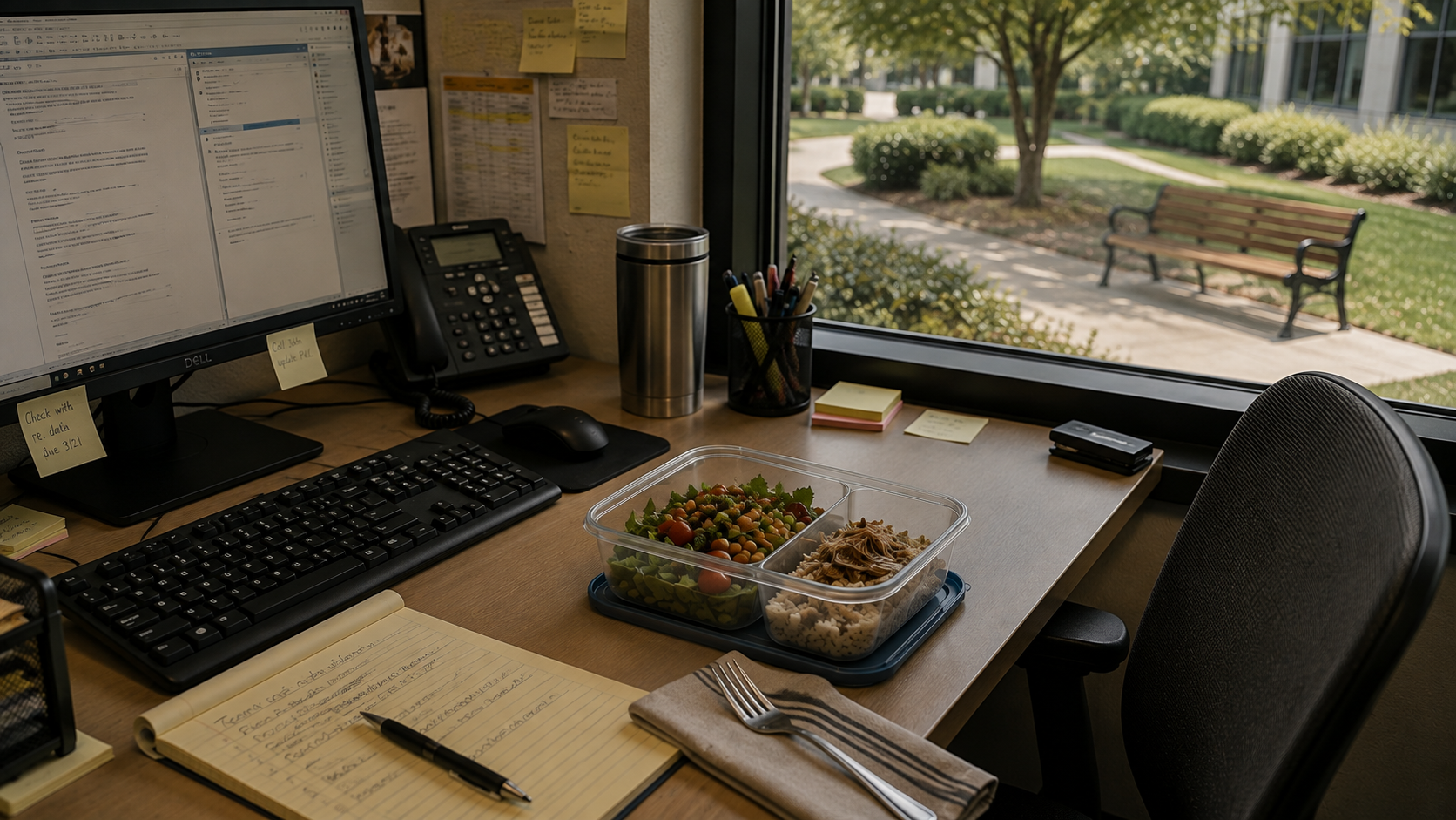 Office desk with a prepared lunch beside an active workstation and an empty bench visible through the window.