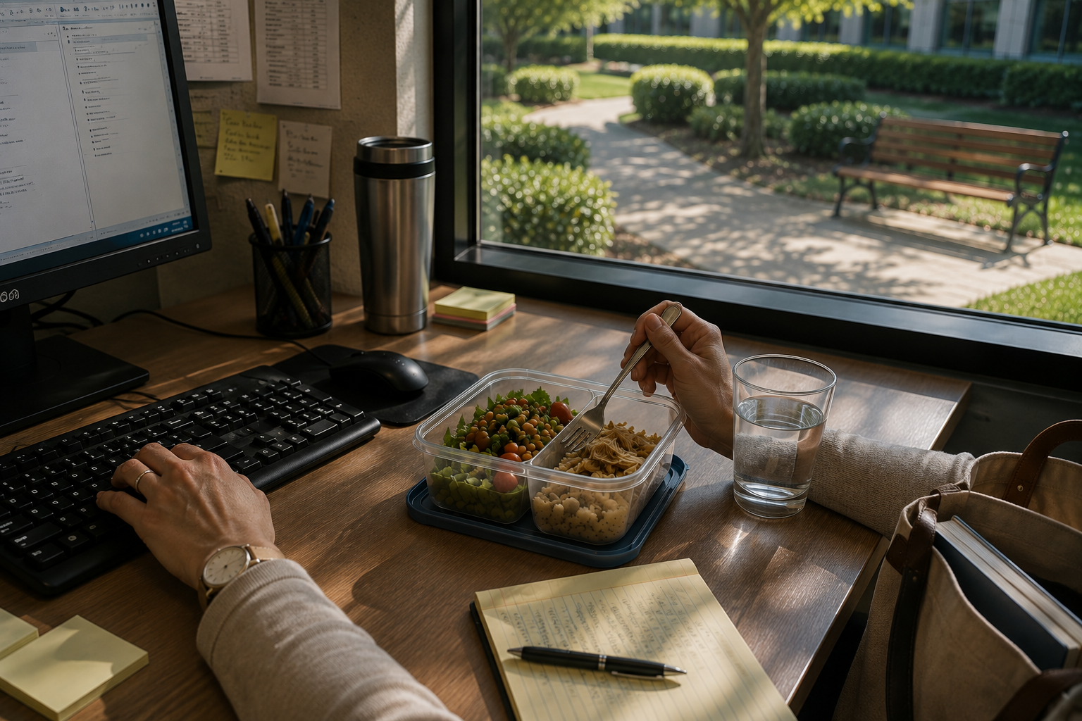 Woman eating lunch at her desk while using the computer, with an empty outdoor bench visible through the window