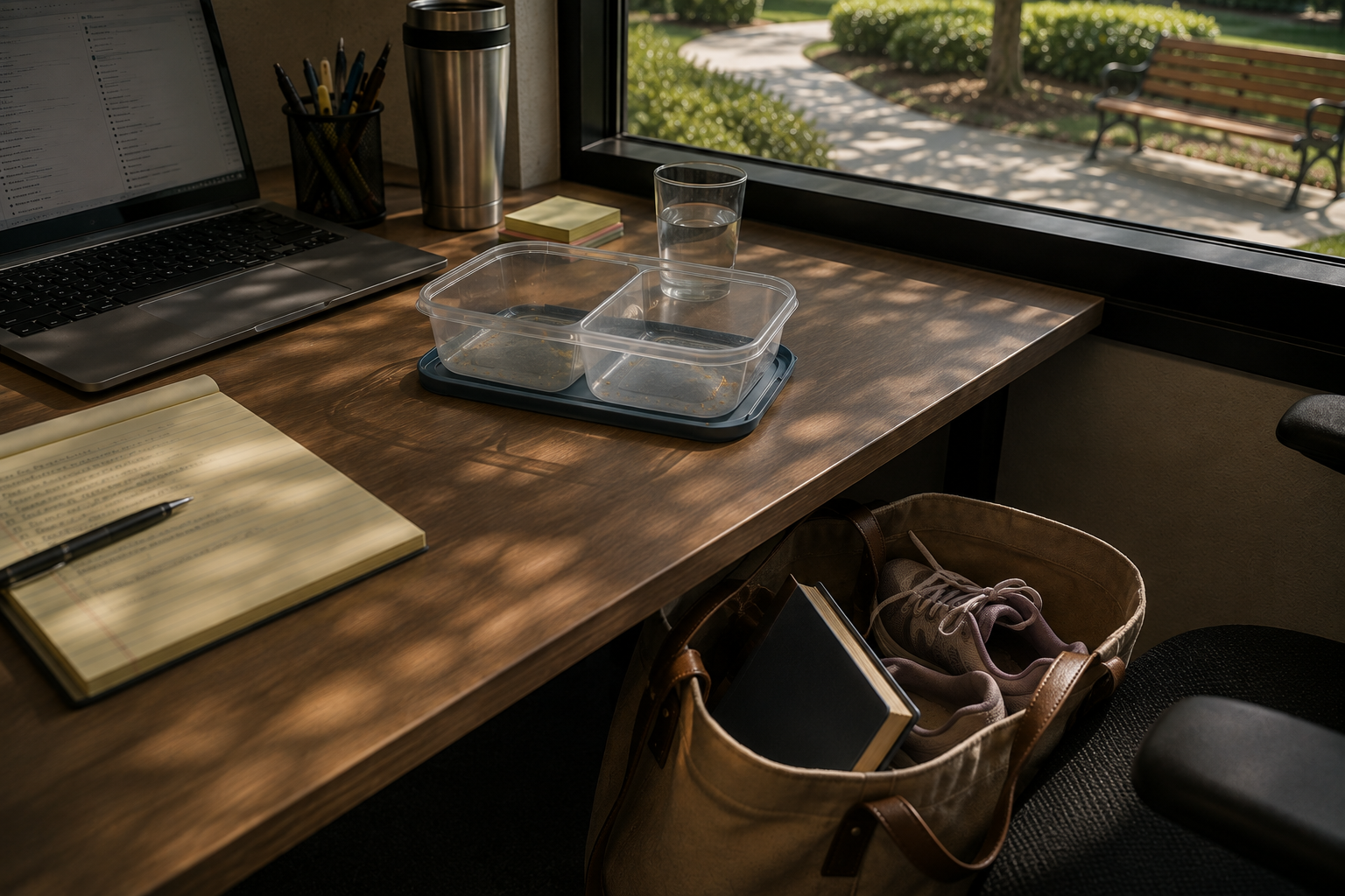 Empty lunch container at an office desk with a book and walking shoes left unused in a tote bag below.