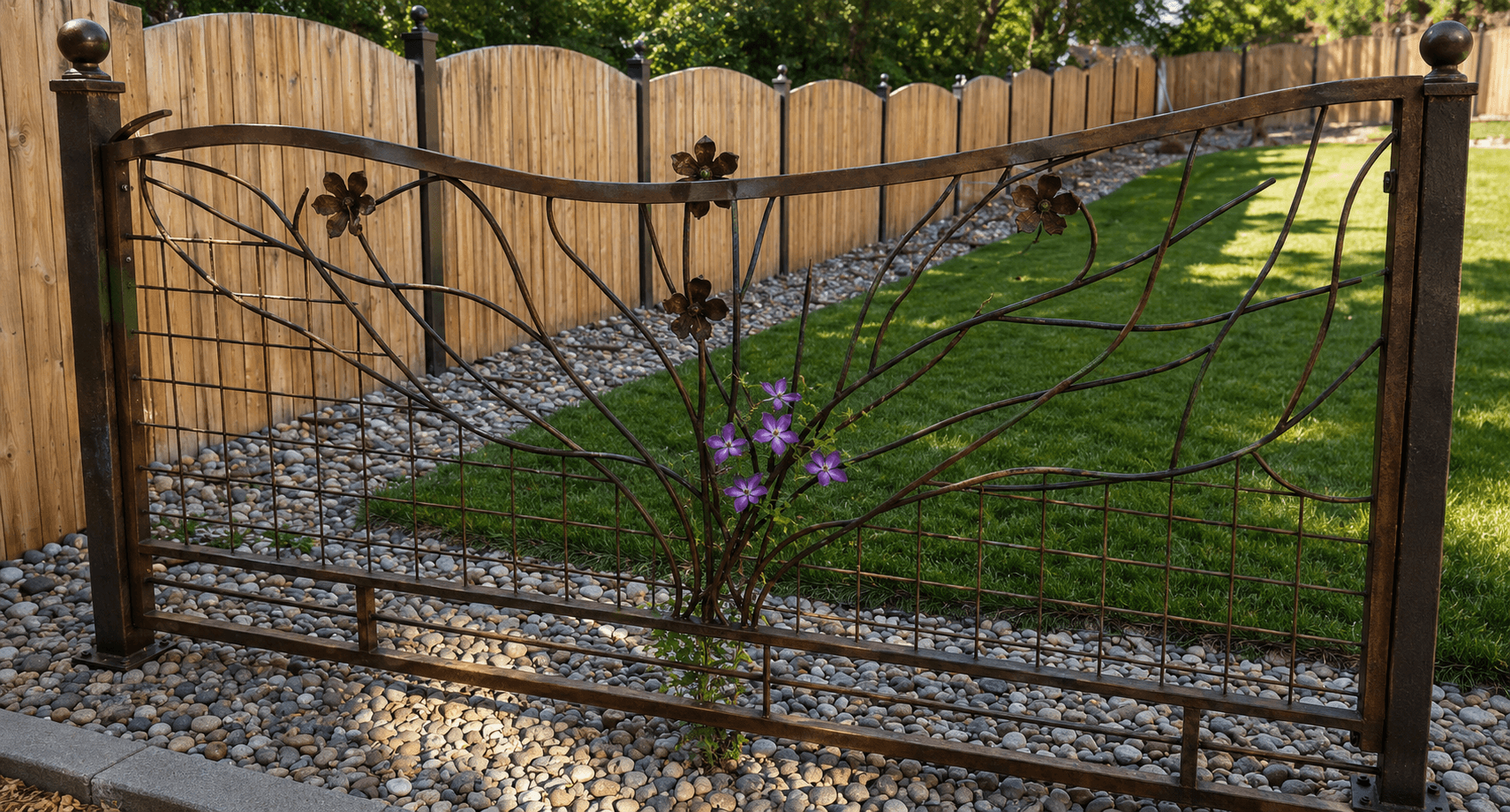 Custom arched decorative sunray gate and short decorative iron panels fabricated by Kodiak Gates & Iron.