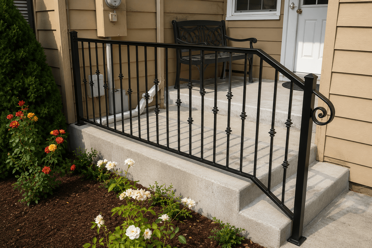 Custom iron stairs handrail fabricated by Kodiak Gates & Iron.