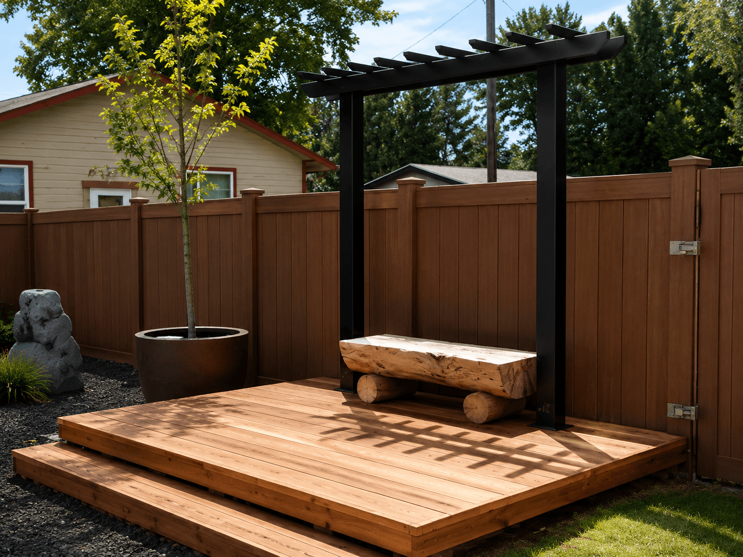 Custom iron garden arbor with seat fabricated by Kodiak Gates & Iron.