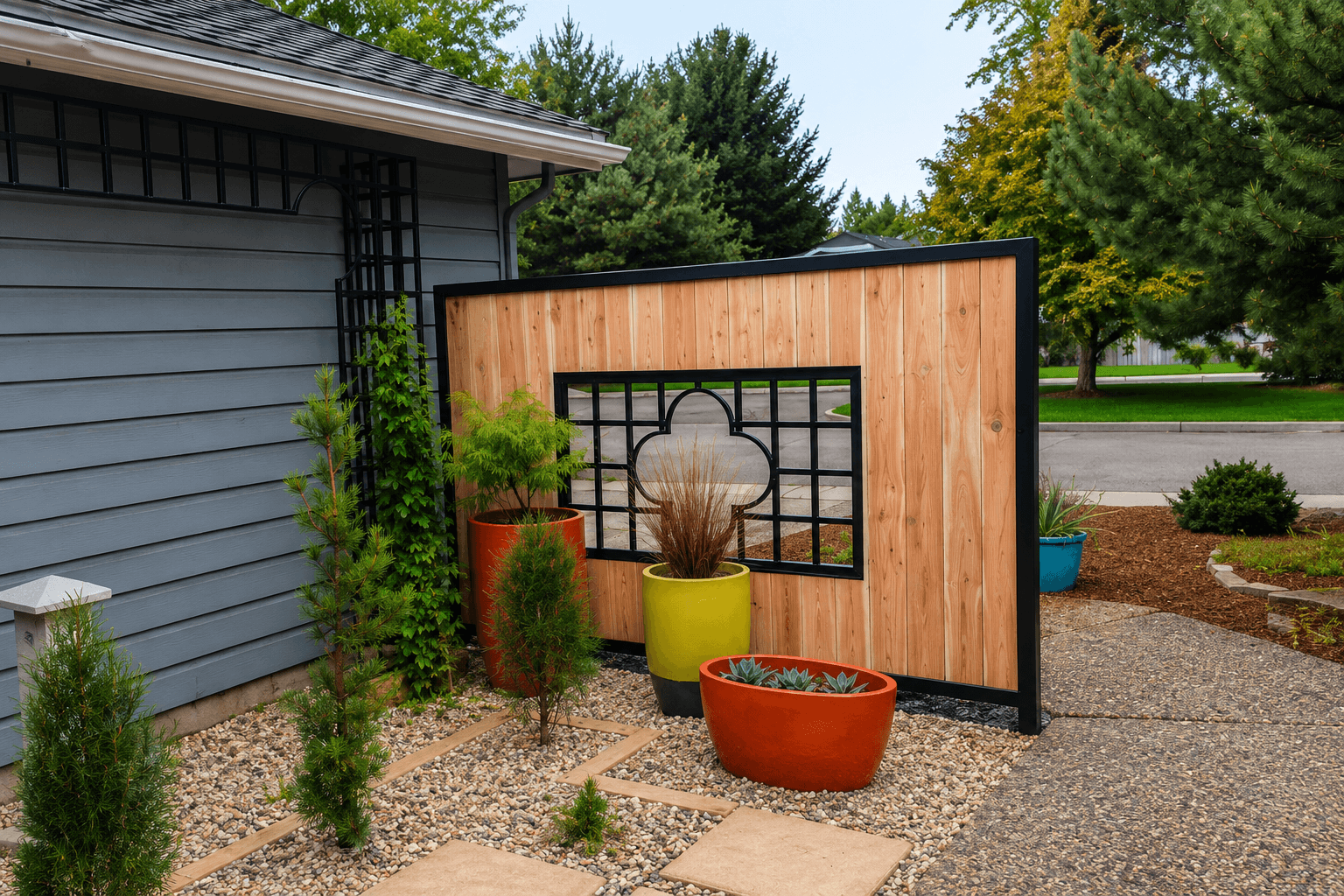 Custom iron garden trellis with decorative metal design fabricated by Kodiak Gates & Iron.