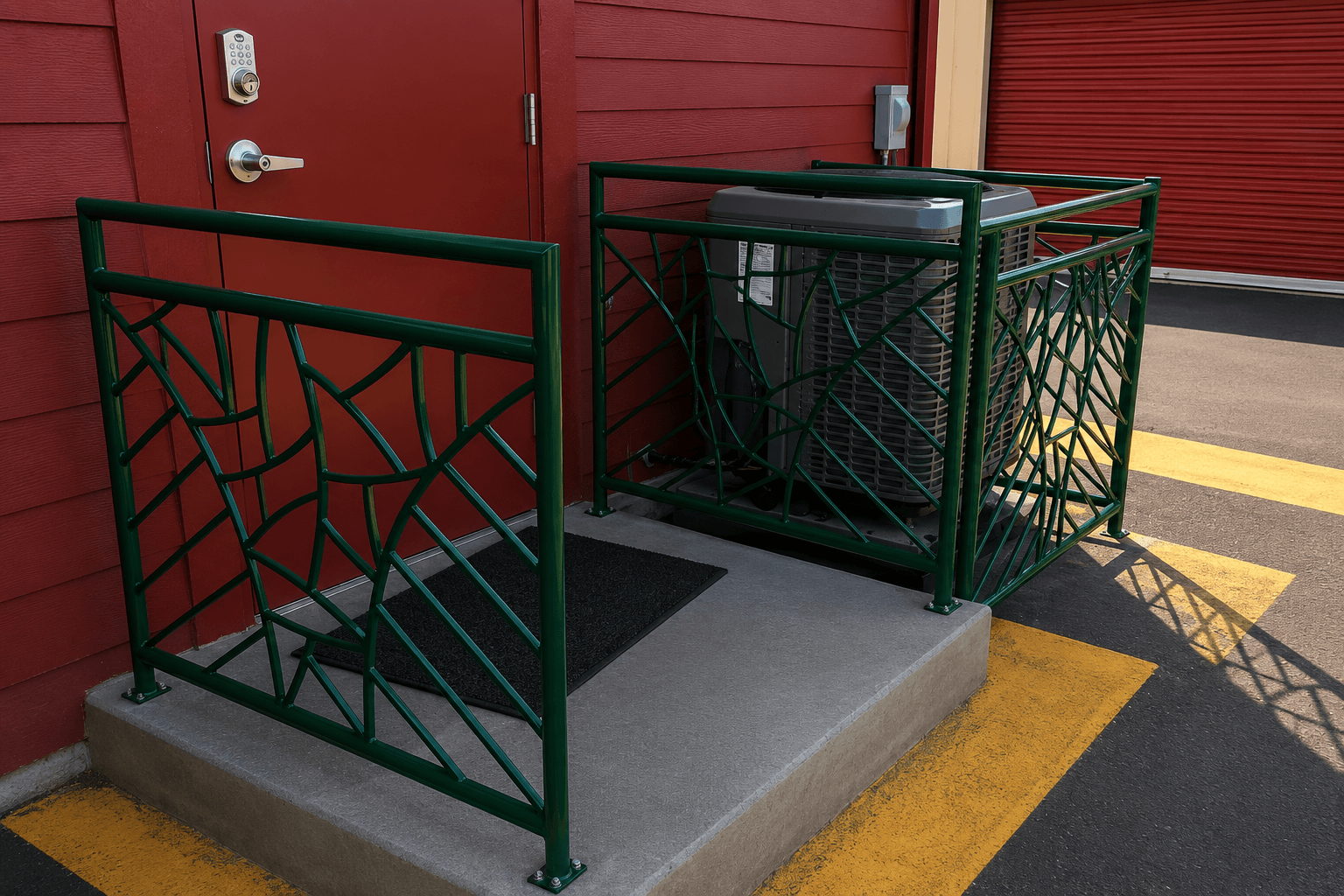 Custom green iron railings fabricated by Kodiak Gates & Iron.