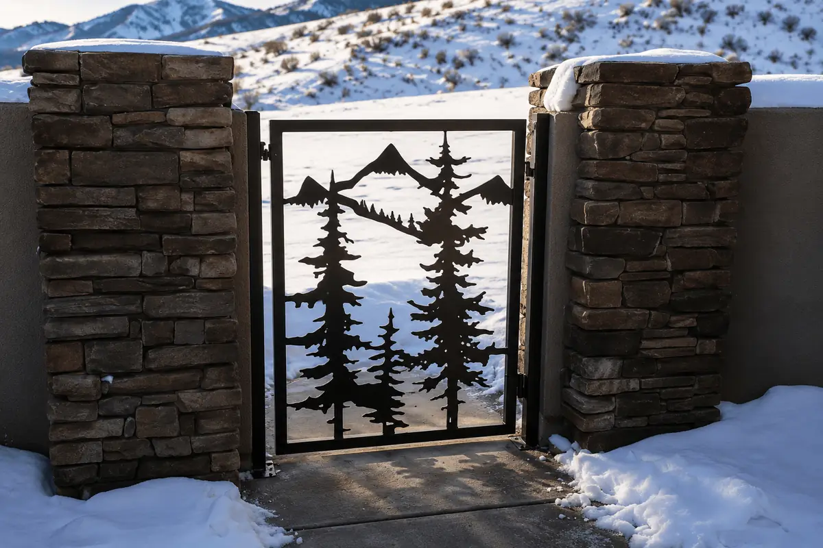 Custom iron cabin gate with a mountain and pine tree design in the snow, by Kodiak Gates & Iron