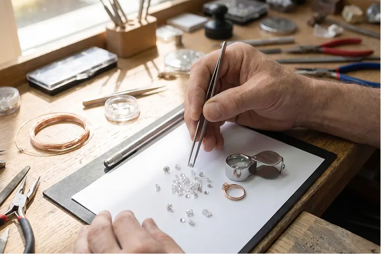 Gemologist sorting loose diamonds with tweezers at a jeweller&rsquo;s workbench