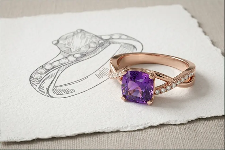Hand-drawn ring sketch on deckle-edged paper beside the finished rose gold amethyst ring