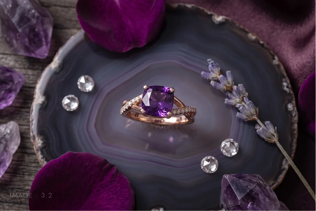 Finished amethyst ring displayed on an agate slice with petals and loose diamonds