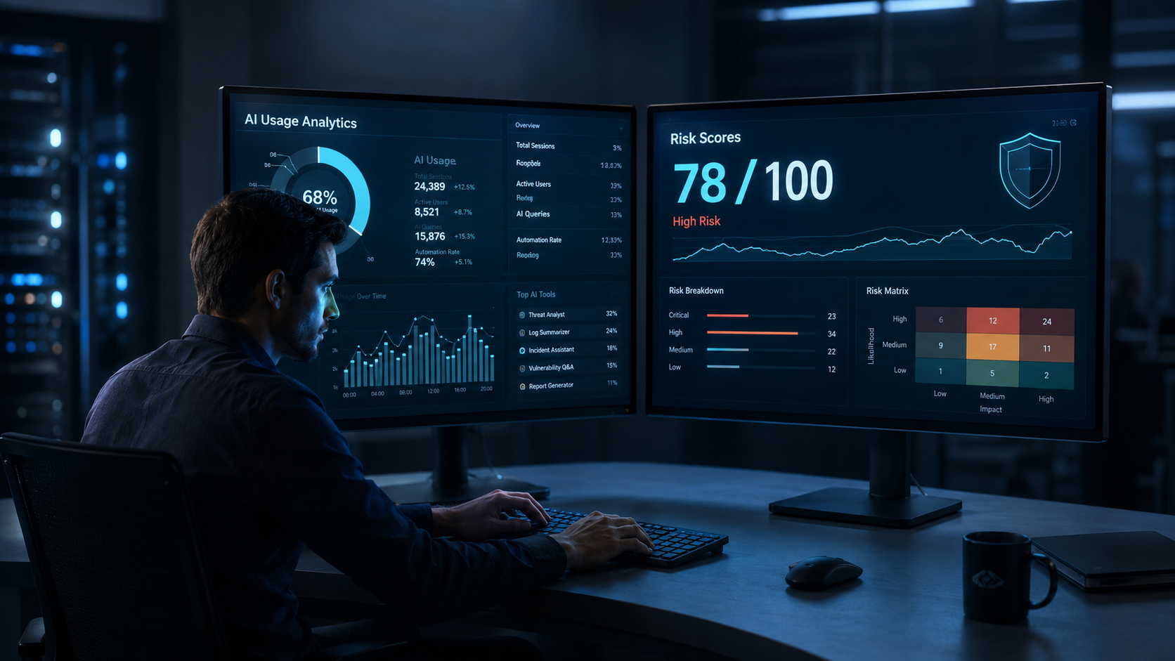Business cybersecurity concept illustrating unmanaged artificial intelligence use and Shadow AI risk within an organization.
