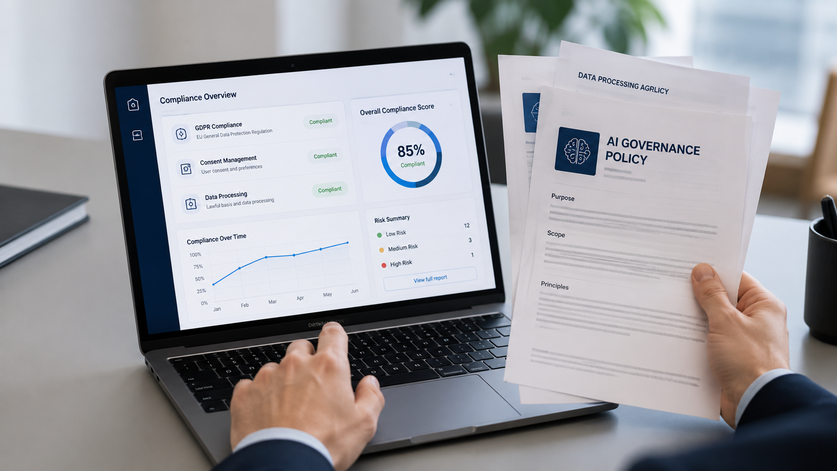 Business technology governance concept representing automated decision-making, human oversight, privacy, and regulatory compliance. Business technology governance concept representing automated decision-making, human oversight, privacy, and regulatory compliance.