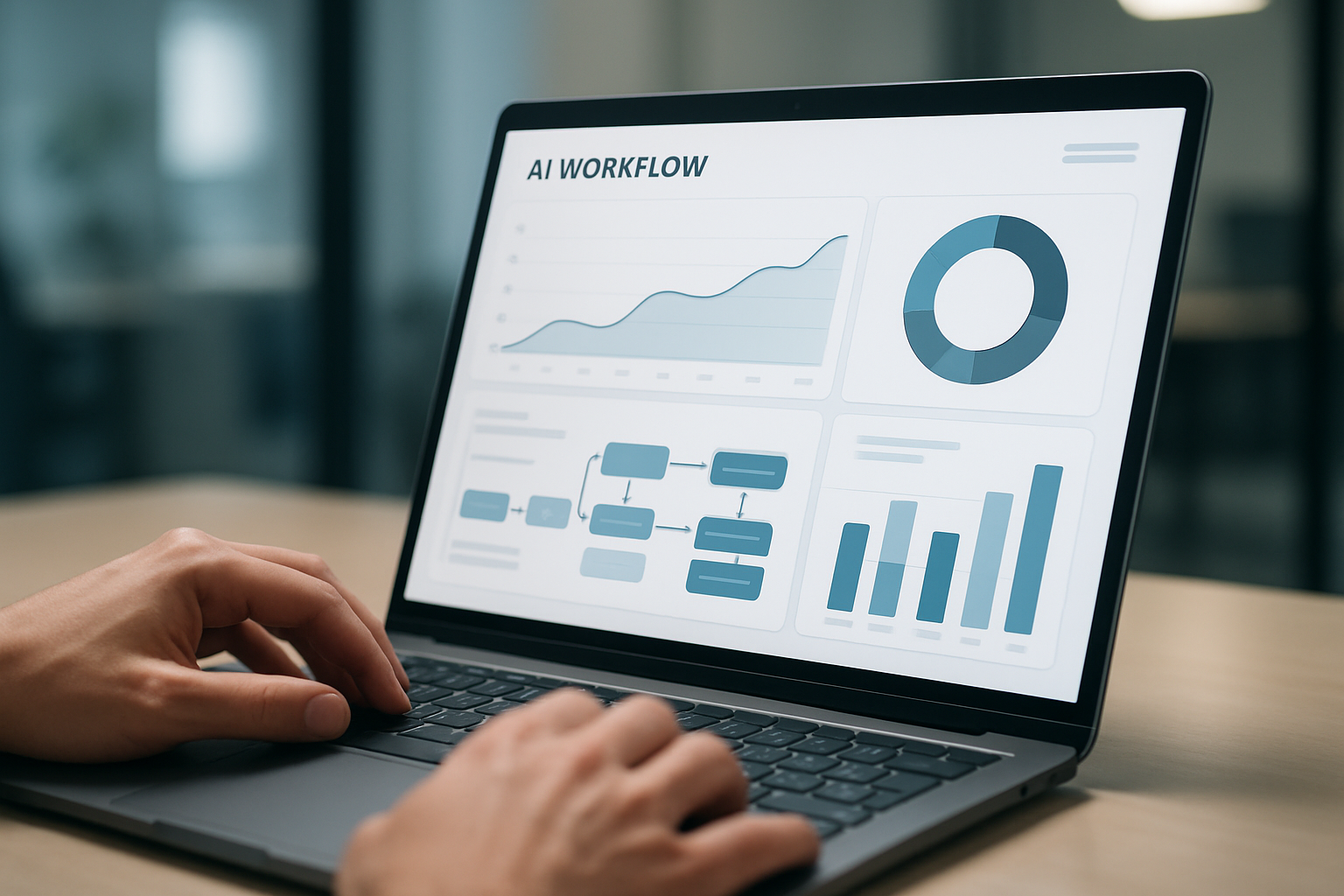 Hands on a laptop reviewing a clean AI workflow dashboard, Lagrange Point Services Hands on a laptop reviewing a clean AI workflow dashboard, Lagrange Point Services