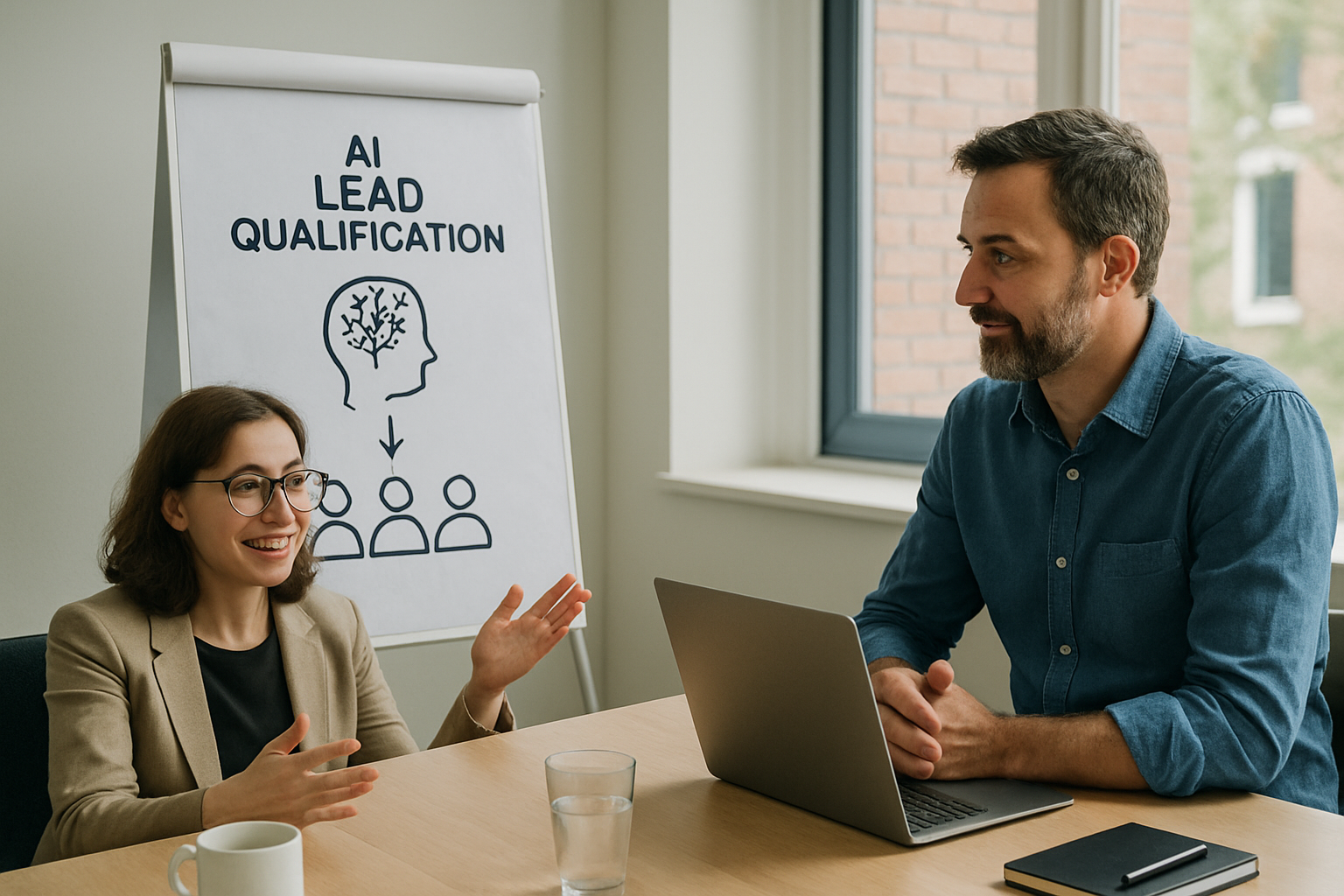 Consultant and business owner discussing AI lead qualification in a meeting room.