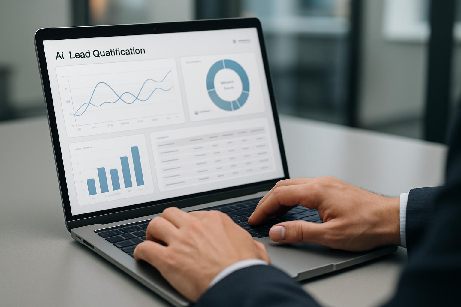 Close-up of hands on a laptop reviewing AI lead qualification dashboard. Close-up of hands on a laptop reviewing AI lead qualification dashboard.