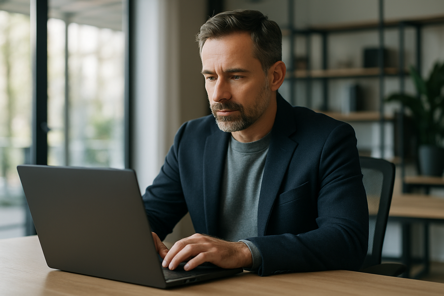 Business owner using AI automation on a laptop in a modern office setting, Lagrange Point Services Business owner using AI automation on a laptop in a modern office setting, Lagrange Point Services