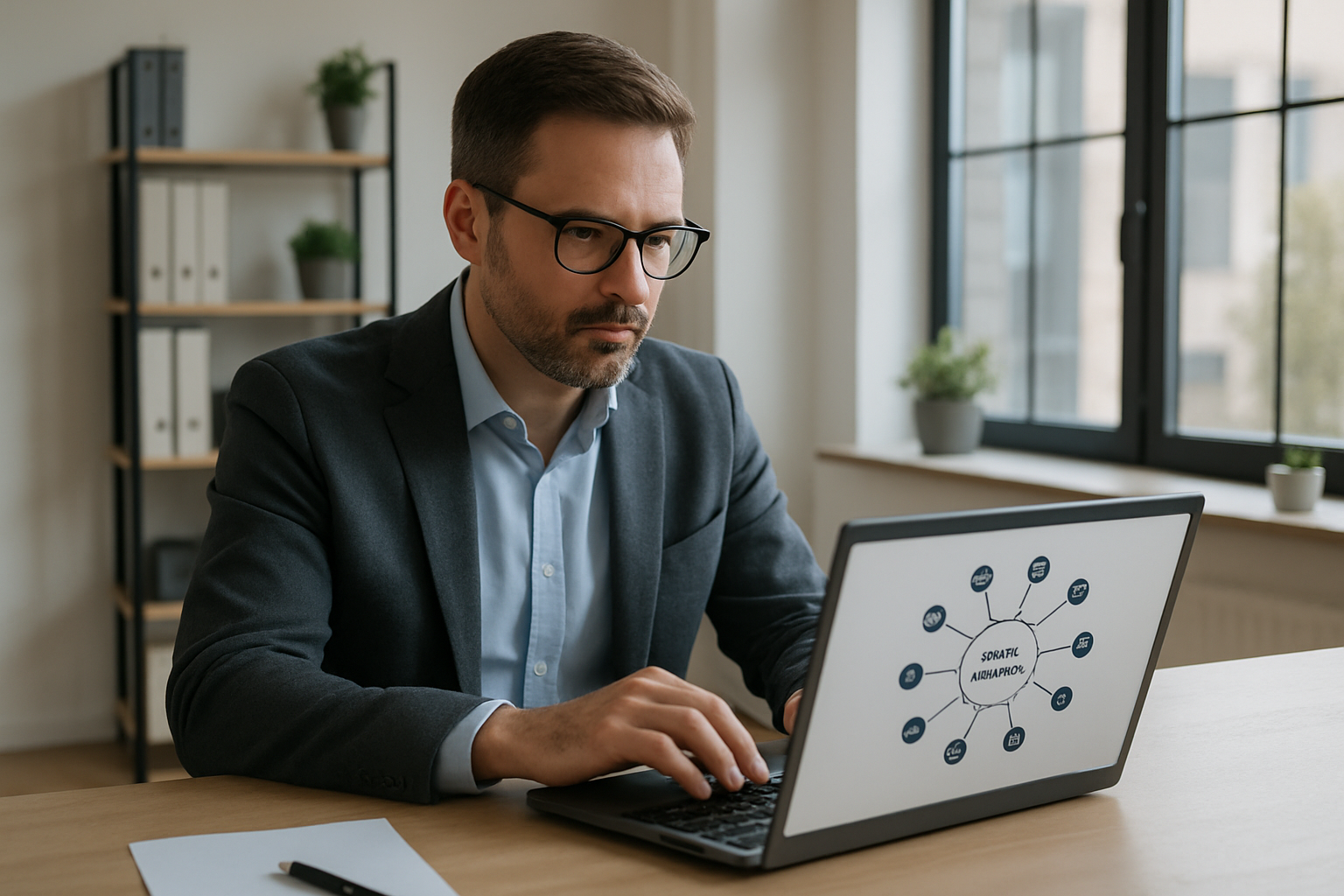 Business owner using AI lead qualification software on a laptop in a modern office setting.
