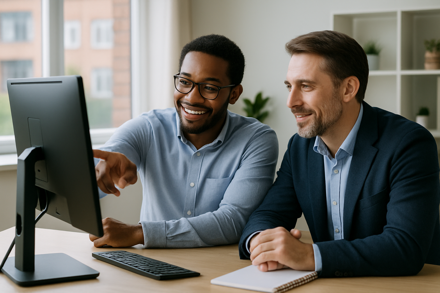 A specialist consulting with a business owner in a professional setting. A specialist consulting with a business owner in a professional setting.