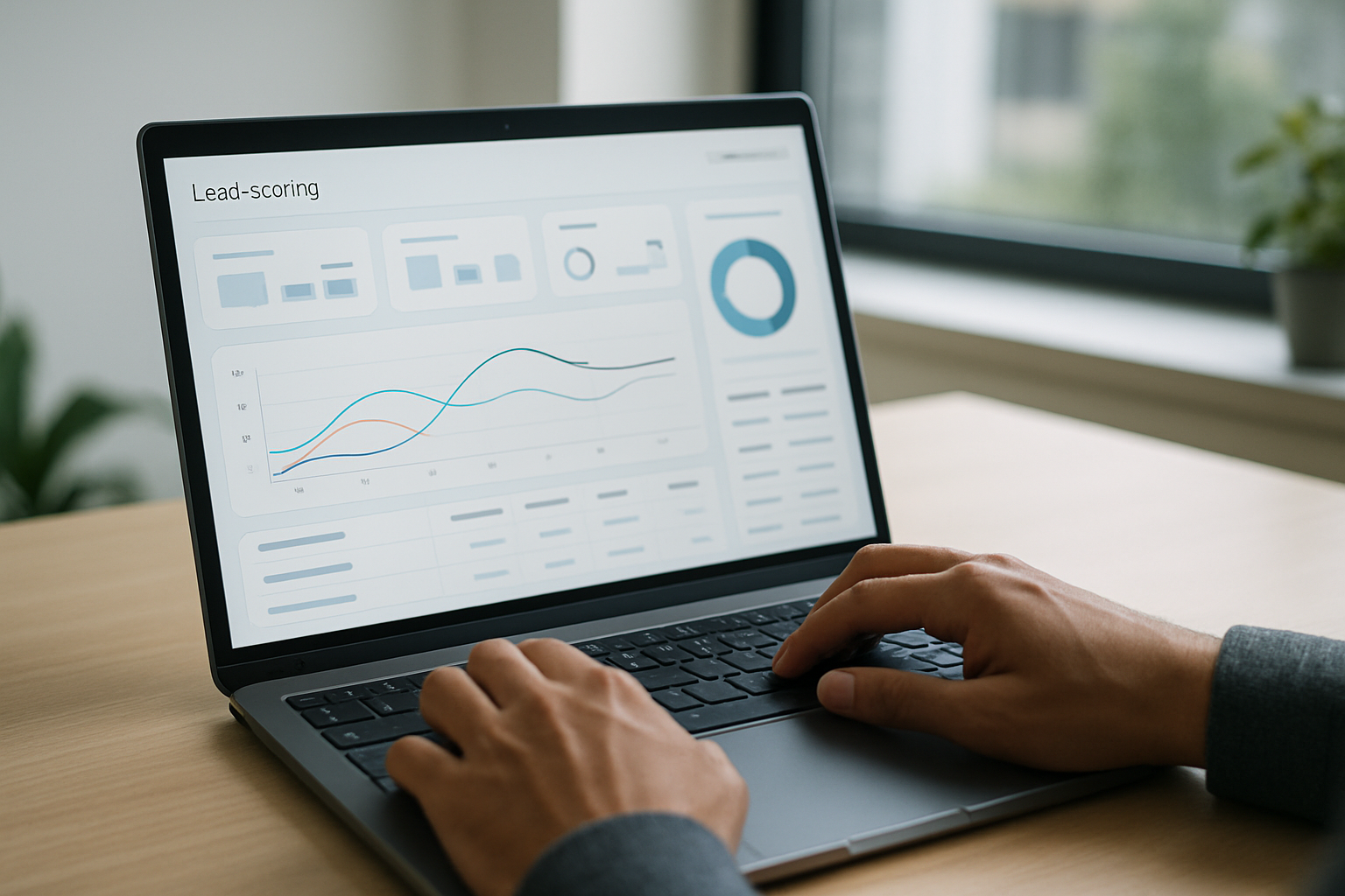 Close-up of hands on a laptop reviewing a clean dashboard for lead scoring.