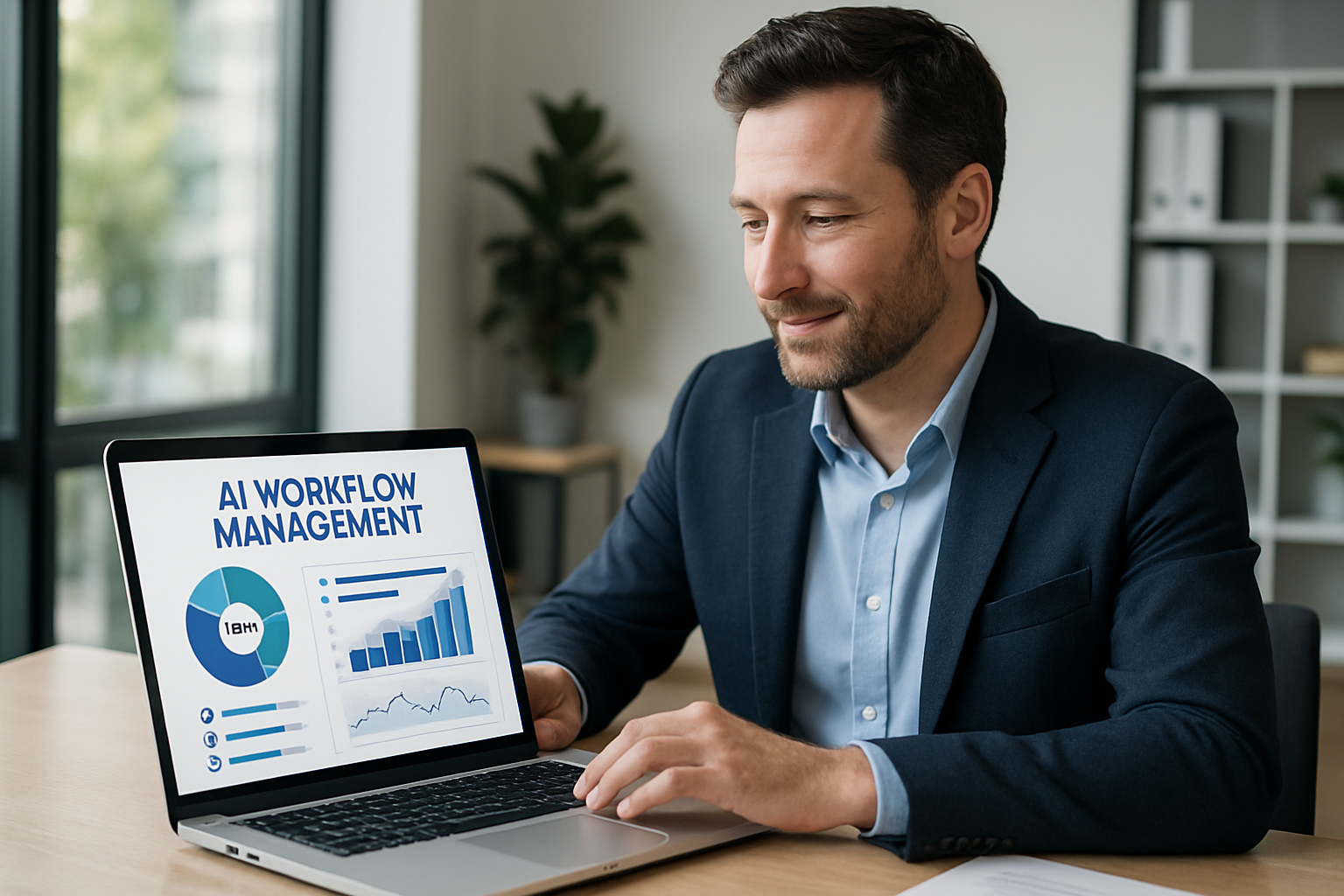 A business owner using AI workflow management tools in a modern office setting. A business owner using AI workflow management tools in a modern office setting.