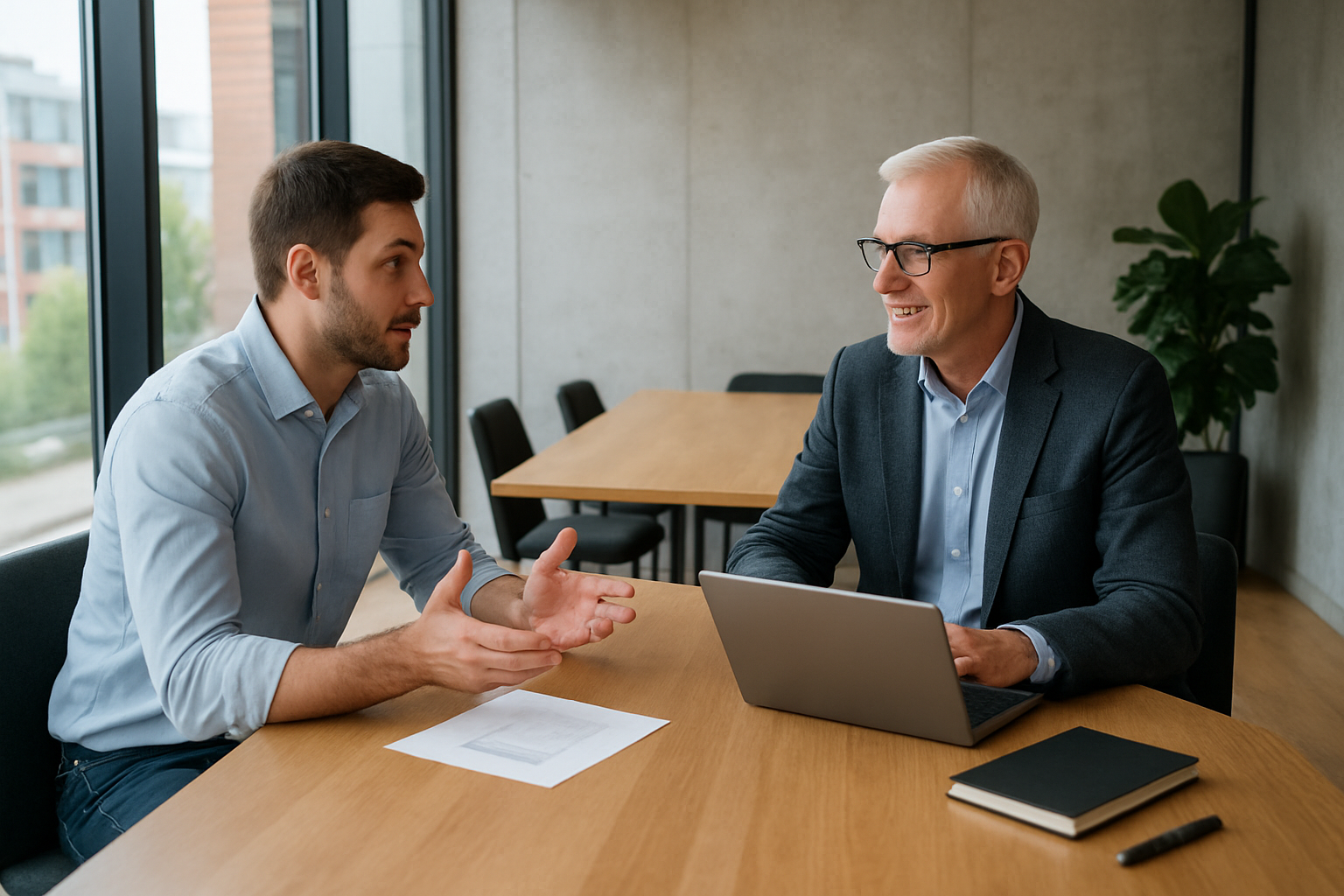 A specialist consulting with a business owner about AI integration. A specialist consulting with a business owner about AI integration.