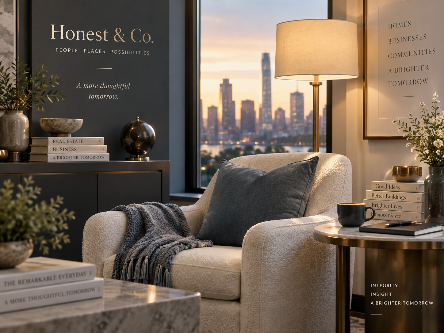 Comfortable Honest and Company strategy space with chair books and lamp