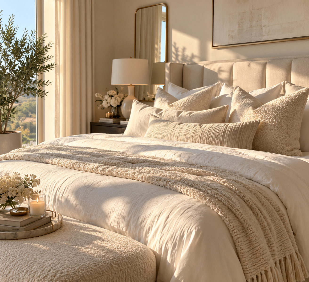 Sunlit cream bedroom with layered bedding and soft neutral textures