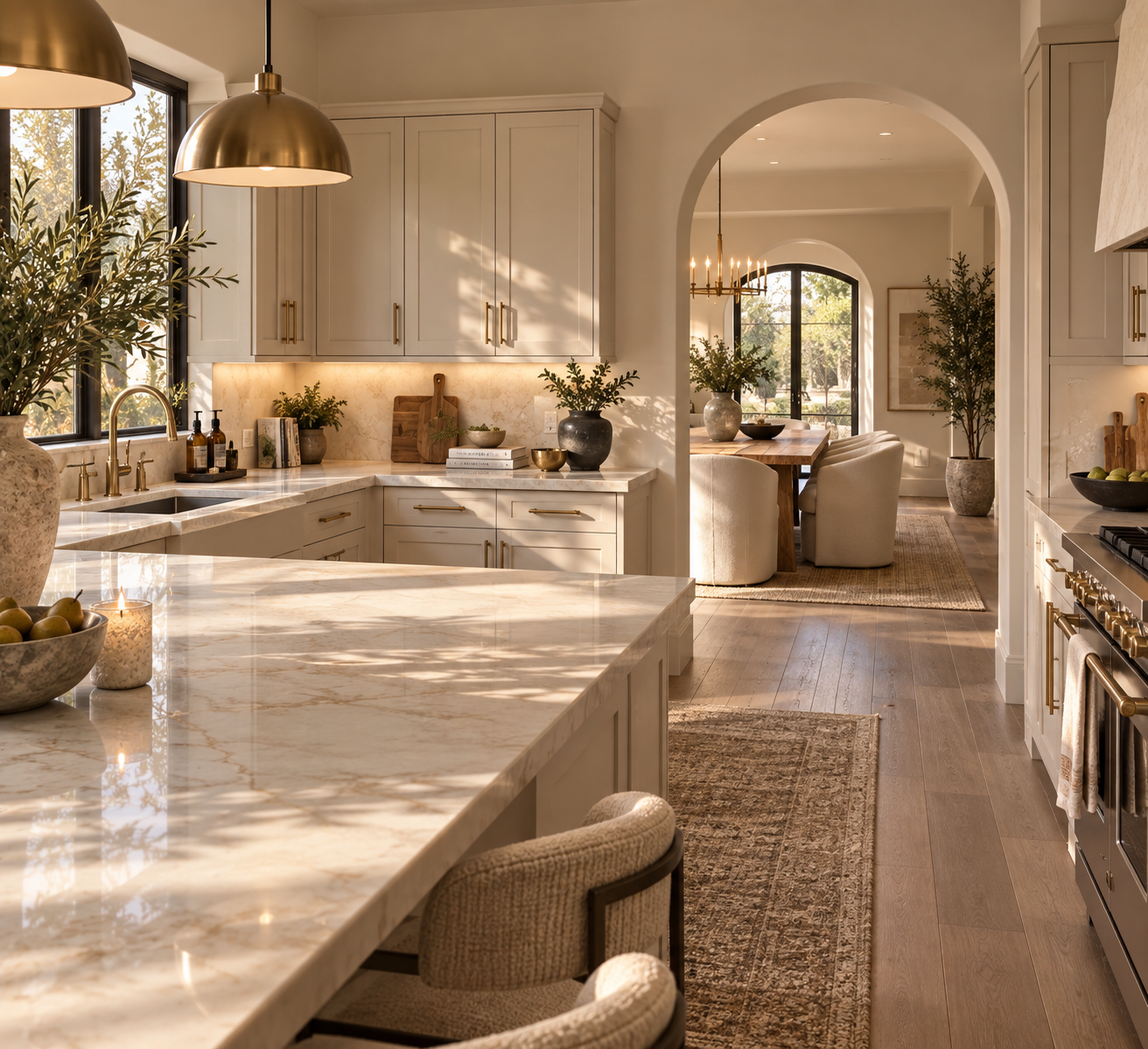 Cream kitchen with generous counter space and arched dining room view