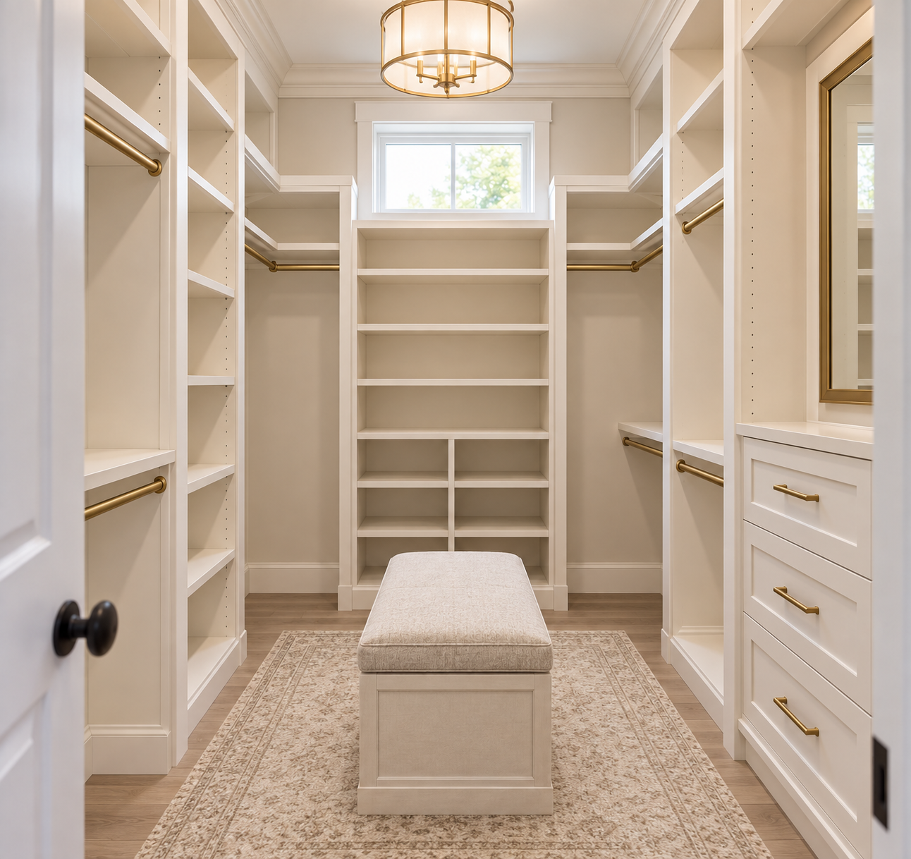 Upgraded empty walk-in closet with shelving, brass details and built-ins