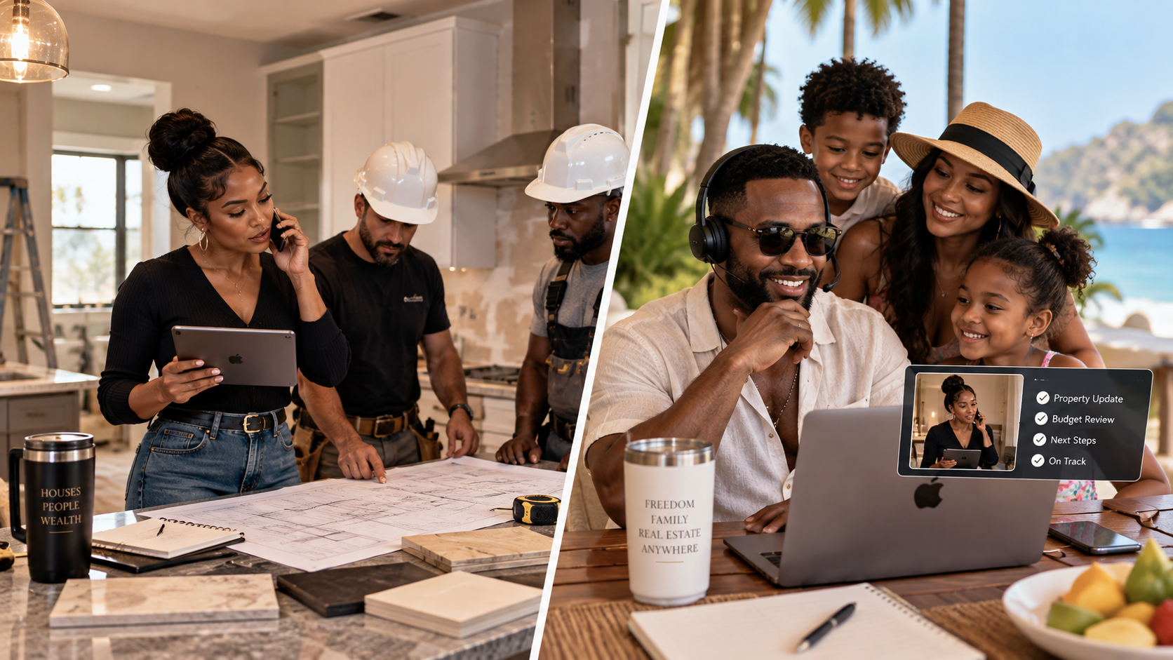 Real estate professional coordinating a residential renovation while an investor receives updates remotely