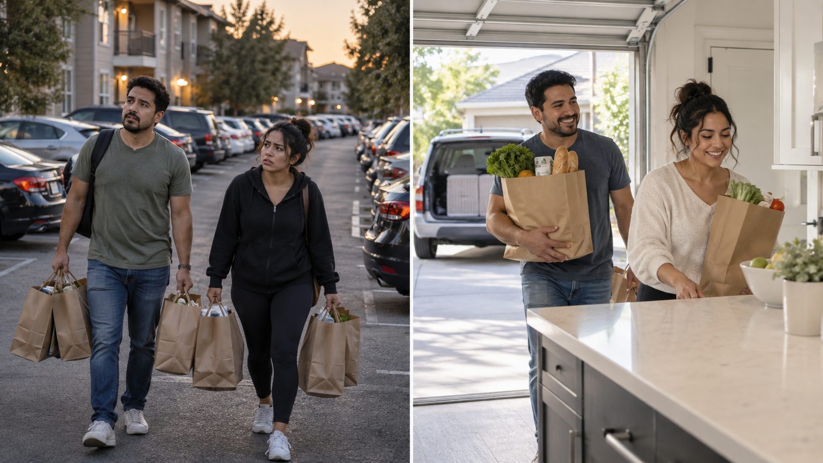 Couple crossing a full parking lot contrasted with the ease of unloading groceries from a garage into the kitchen