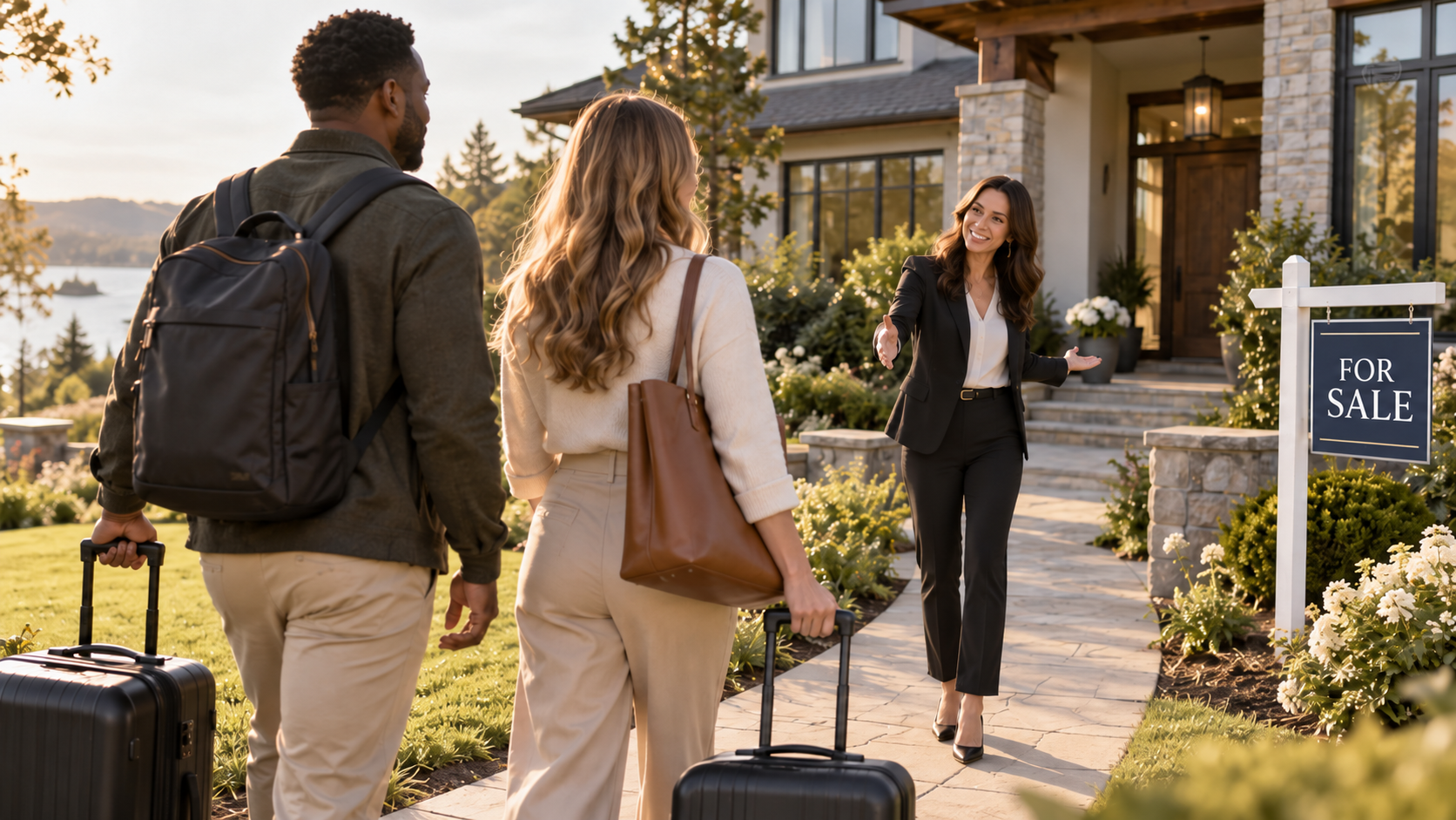 Couple arriving with luggage to explore a home and neighborhood before relocating