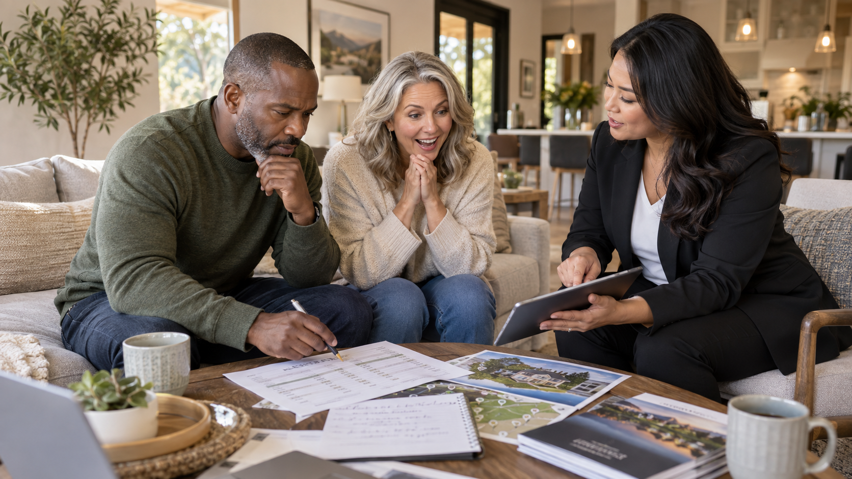 Seller consultation with a couple reviewing numbers and next-step relocation strategy with their real estate agent