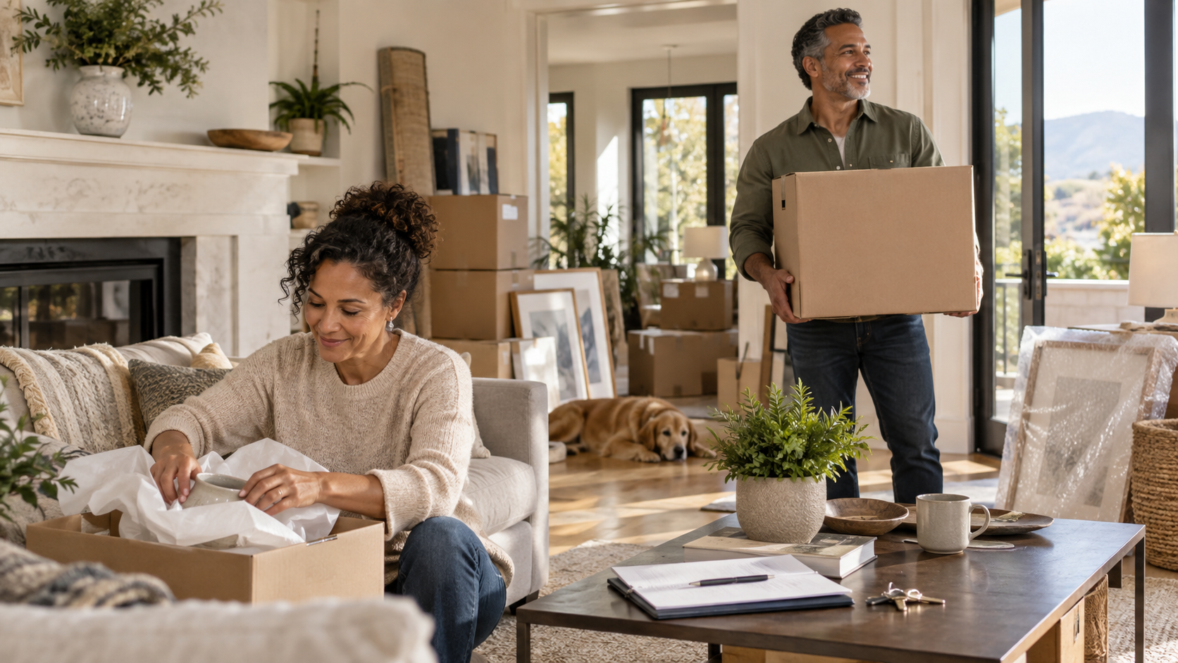 Homeowners surrounded by packed boxes preparing for their next move after selling their home