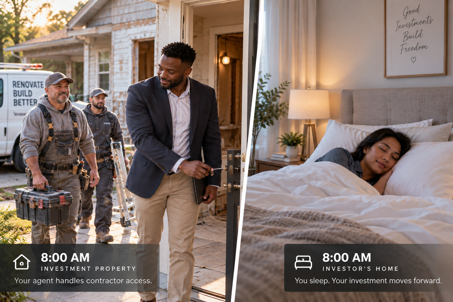 Real estate agent meeting contractors at the investment property while the investor remains off-site and at rest